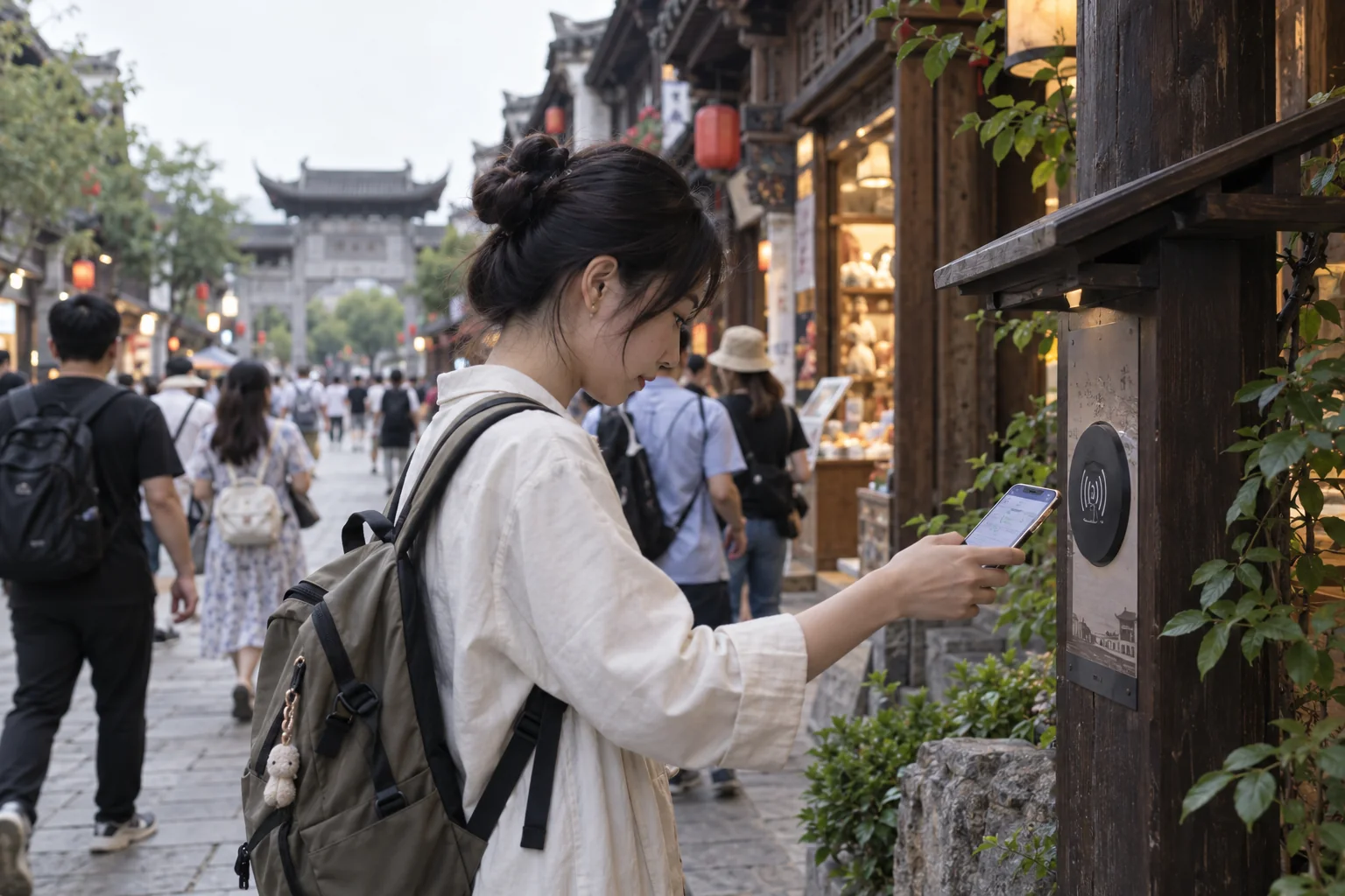 古镇街巷中，游客用手机靠近文旅互动点位完成城市 Citywalk 打卡