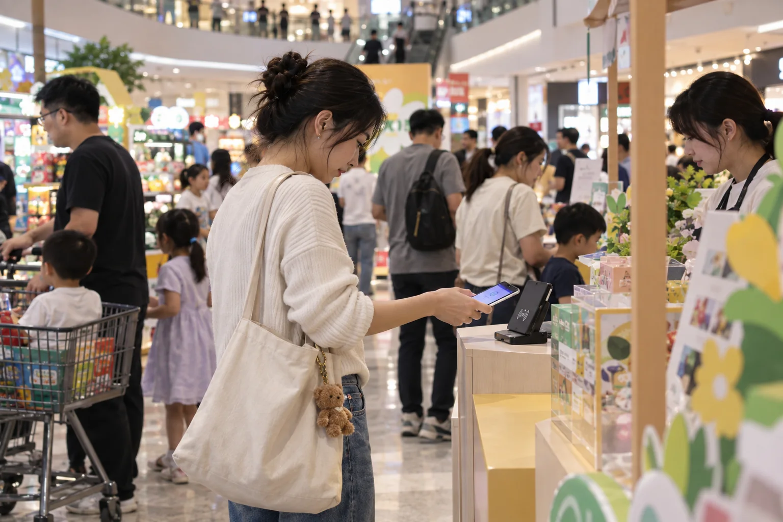 大型商超活动区域，顾客使用手机在互动点位完成打卡