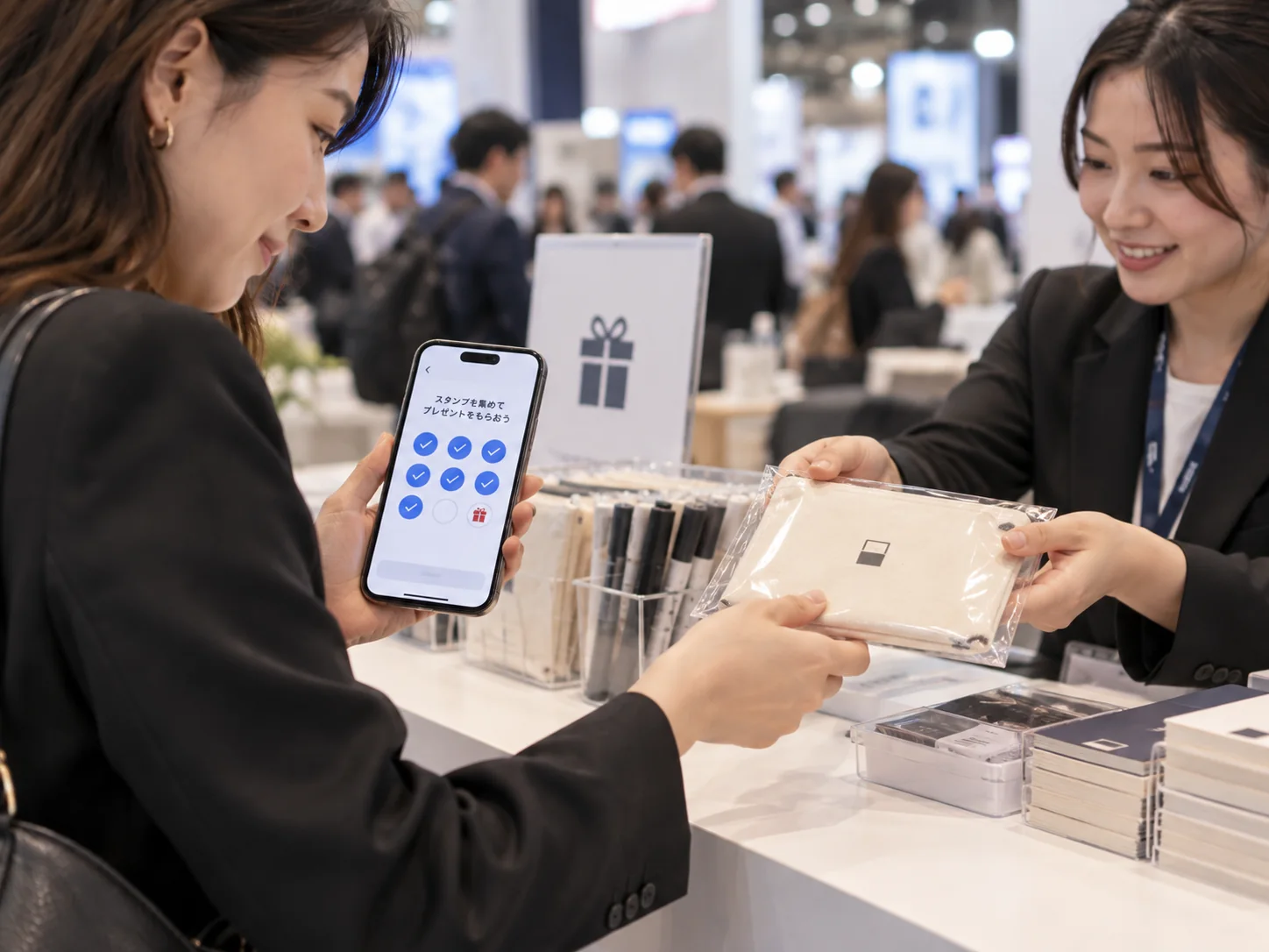 活动礼品兑换处工作人员向参与者发放礼品