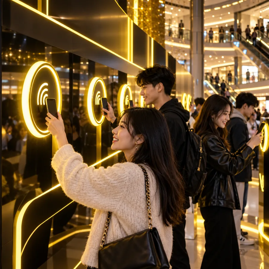 商场中，顾客依次触碰深色墙面上的一排发光圆形 NFC 感应点参与活动