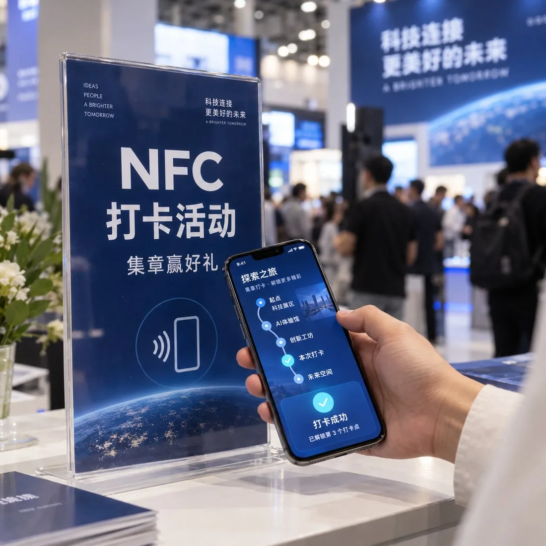 展会现场 NFC 打卡立牌，手机碰一碰即可打卡集章